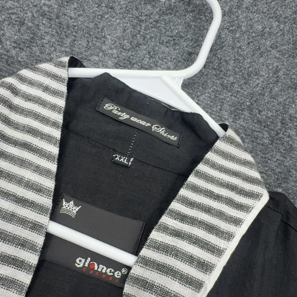 Glance Party Wear Shirt Mens XXL Black Linen Look Epaulettes V Neck Casual Boho